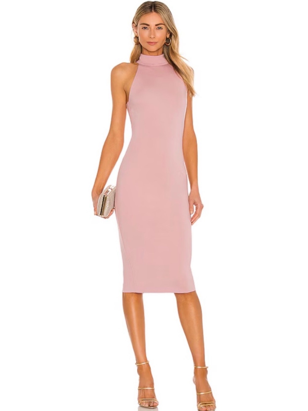 NBD Adelle Midi Dress Blush Large Open Back Halter Cocktail Wedding Guest